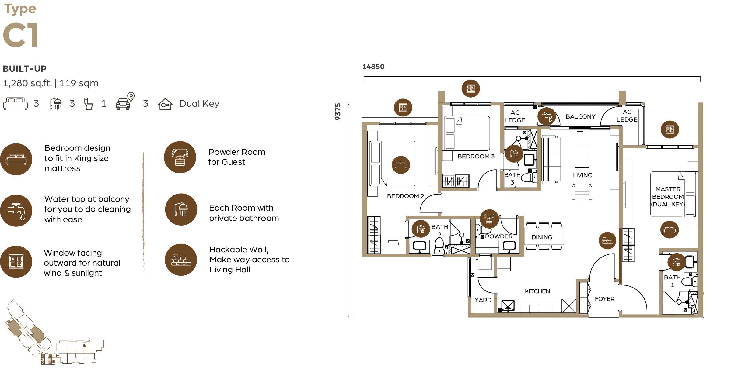 Lunar Seputeh Type C dual-key floor plan, 1,280 sqft