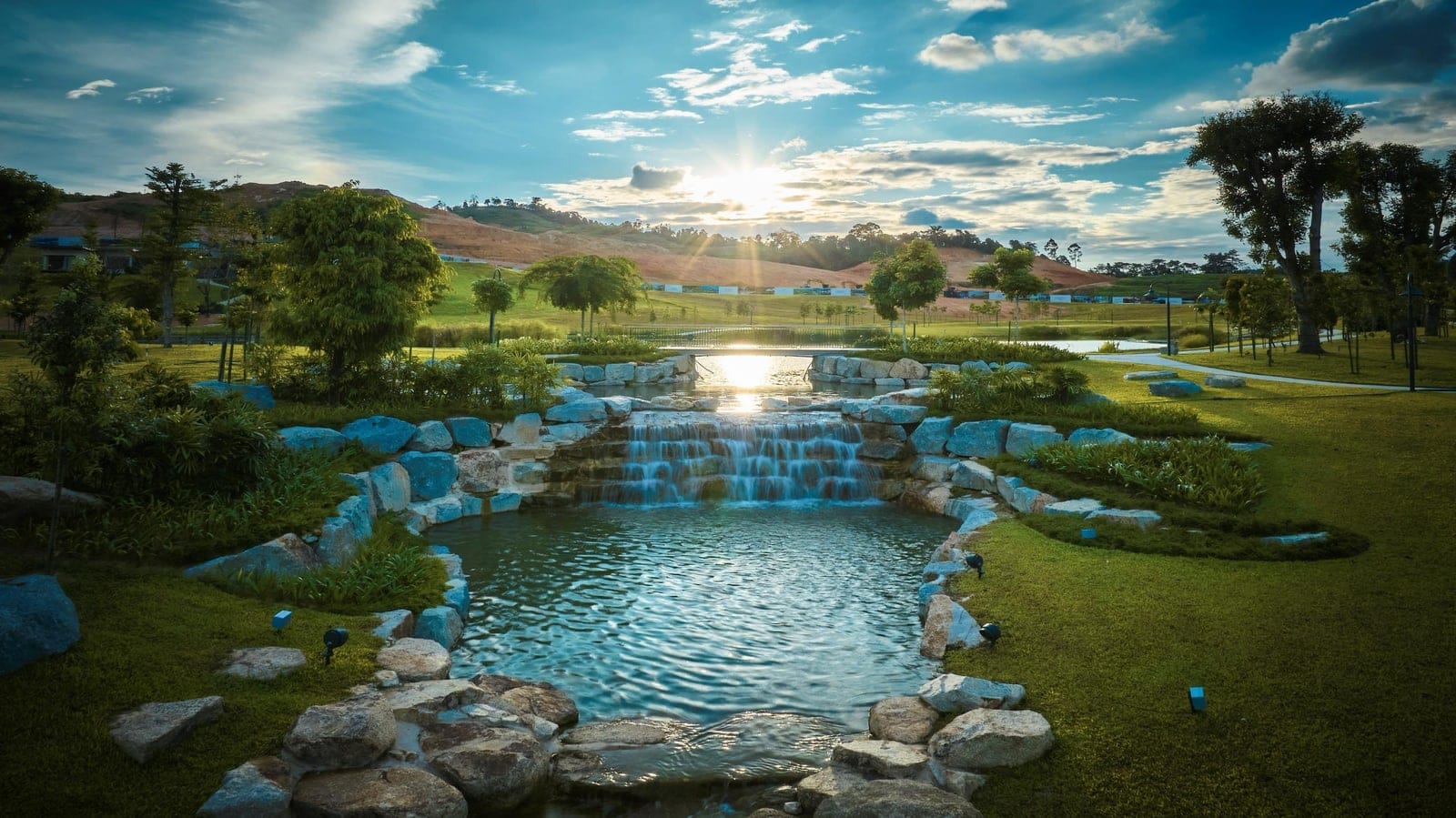 Landscaped stream, stones and walking paths at Anyara Hills