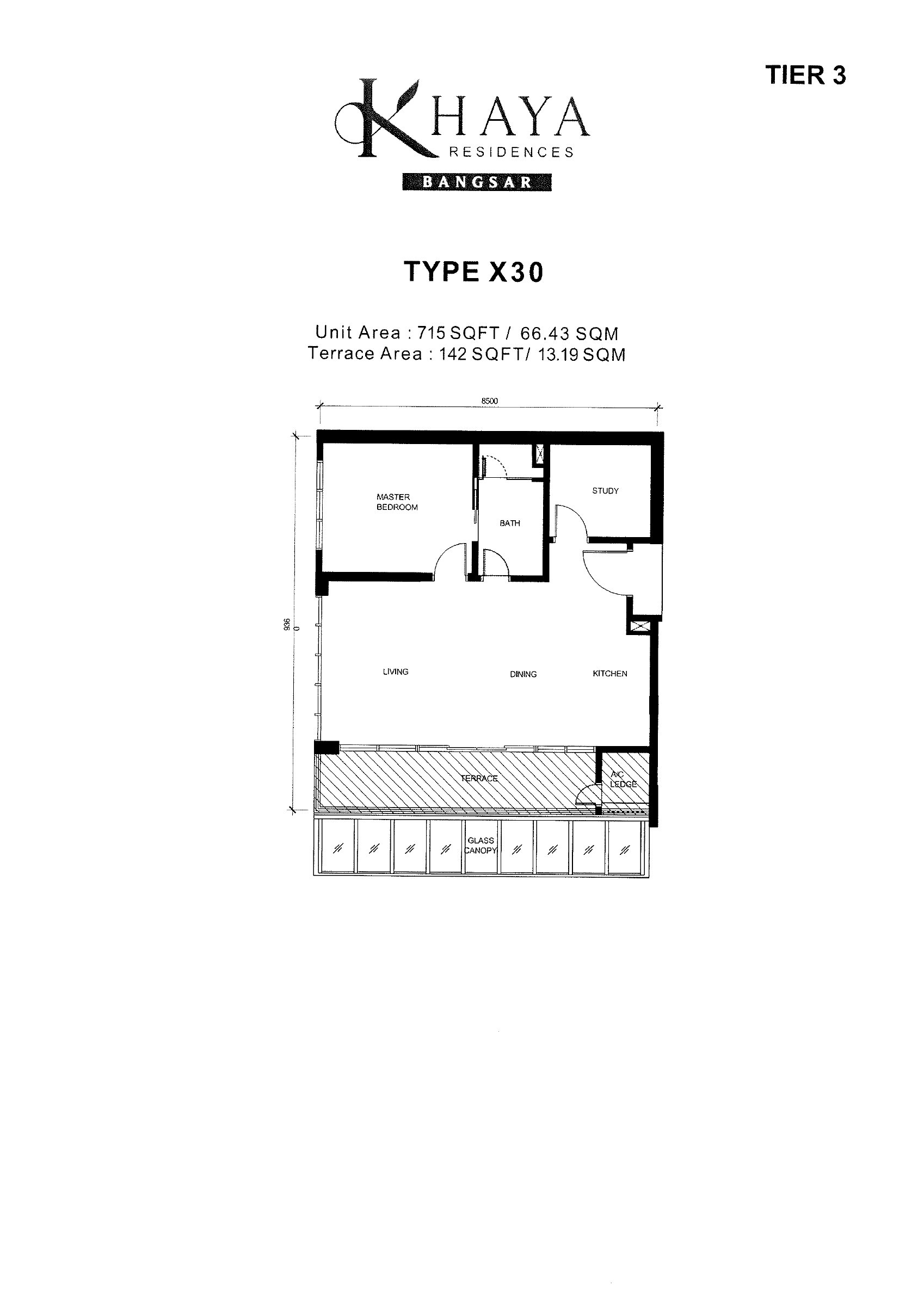 Khaya Residences Type X30 floor plan showing room arrangement and labelled unit area