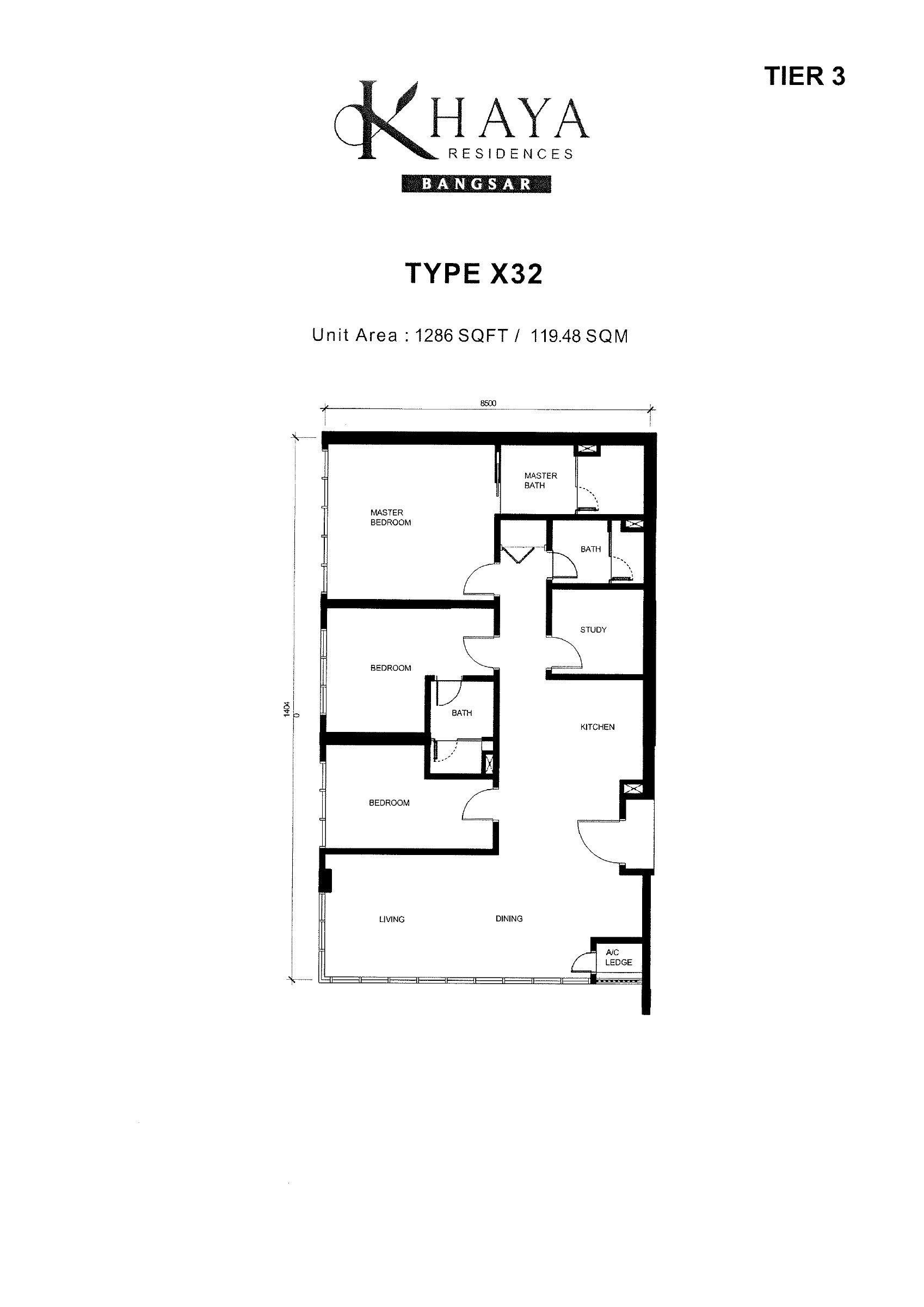 Khaya Residences Type X32 floor plan showing room arrangement and labelled unit area
