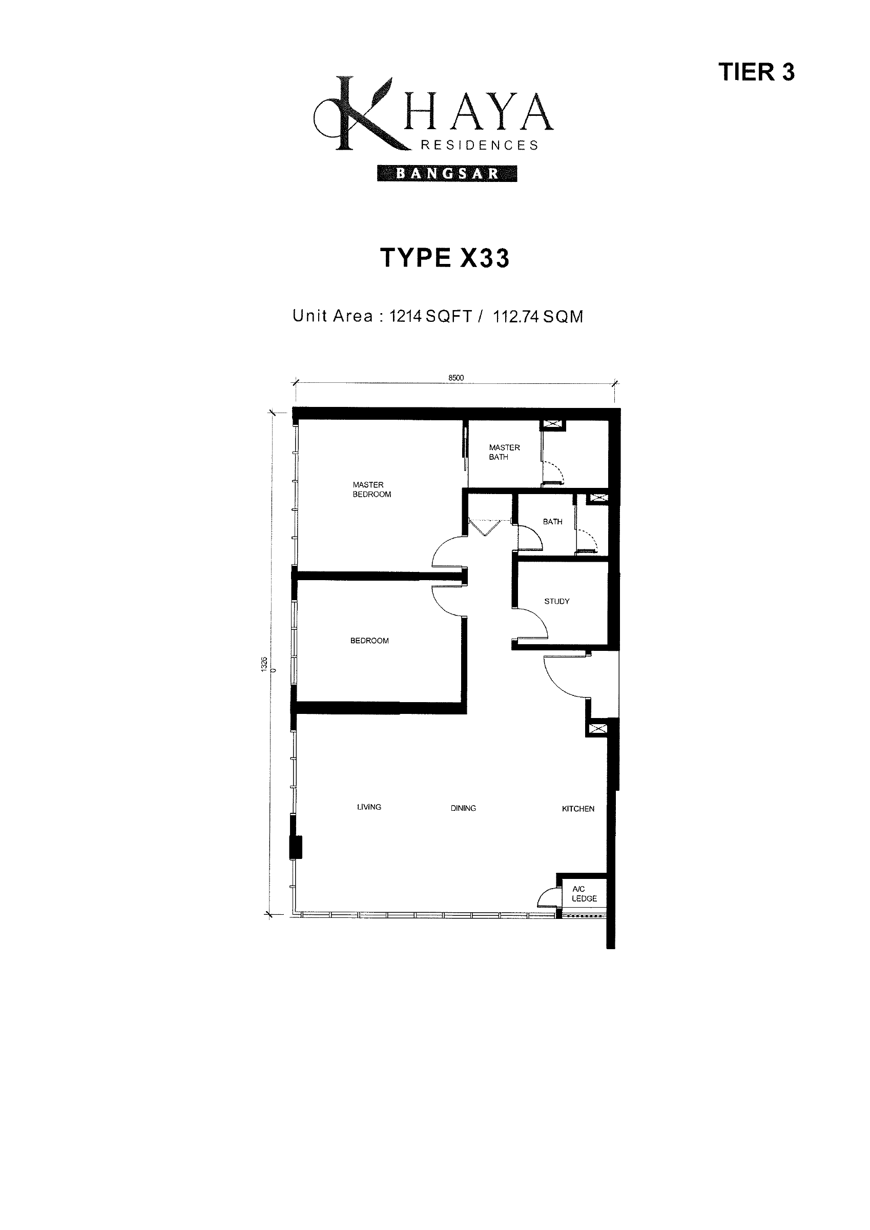 Khaya Residences Type X33 floor plan showing room arrangement and labelled unit area