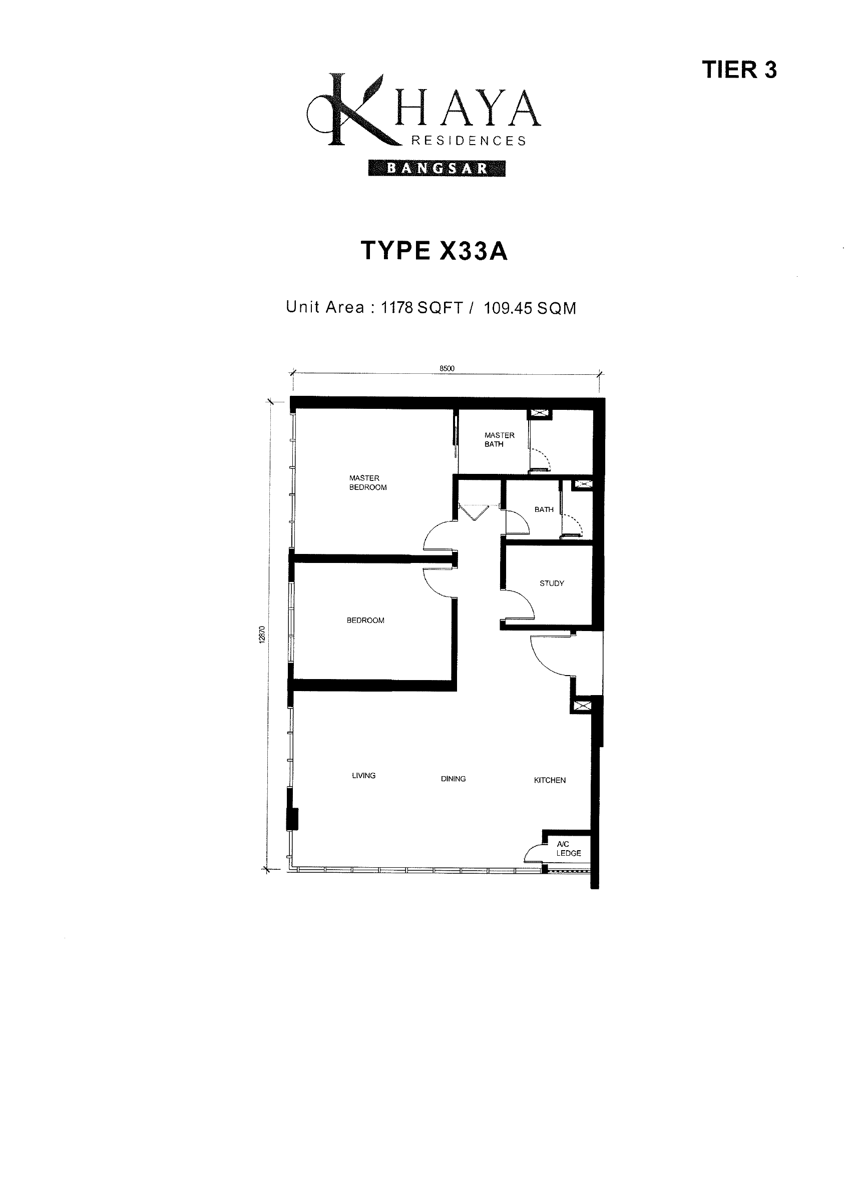 Khaya Residences Type X33A floor plan showing room arrangement and labelled unit area