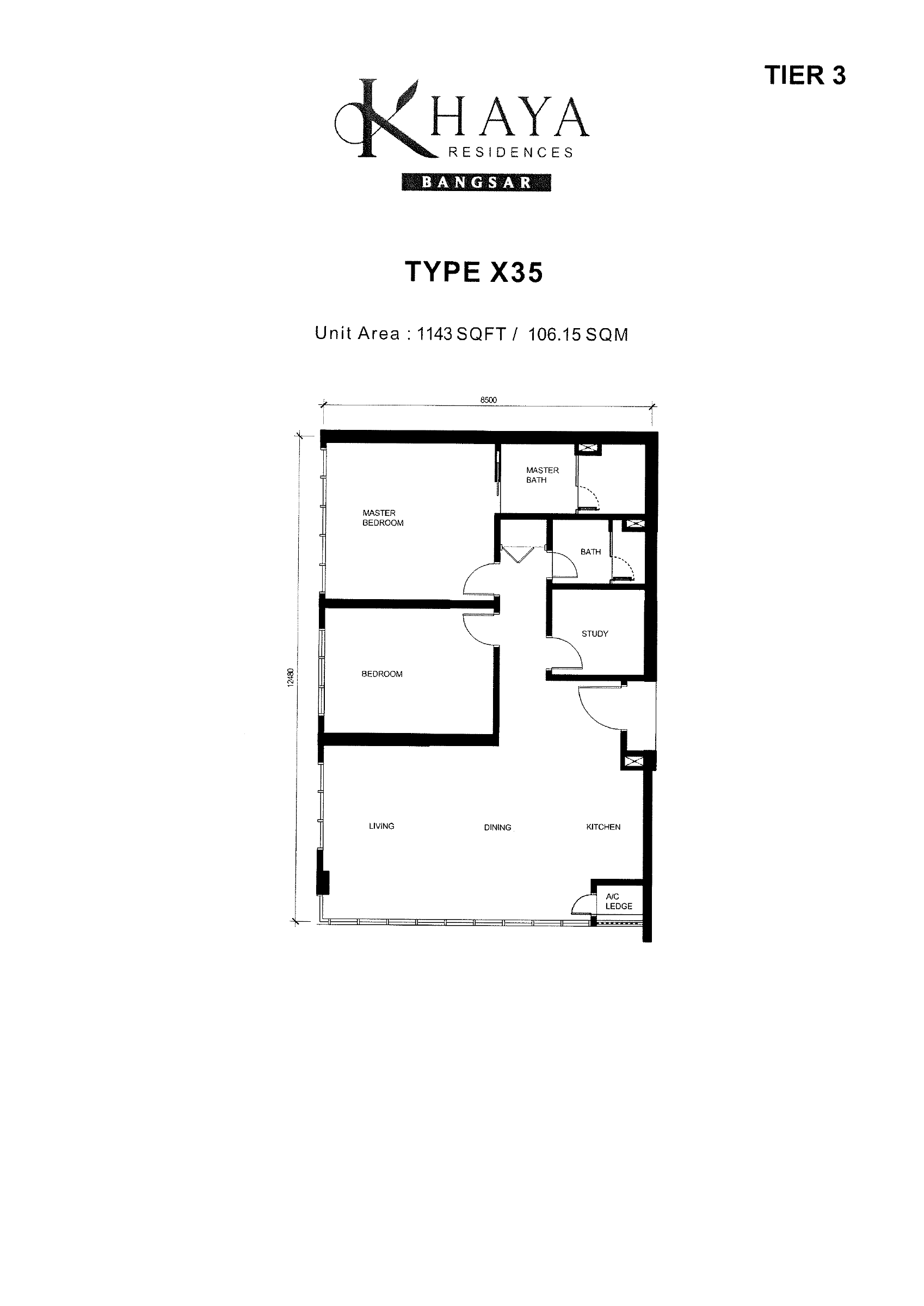 Khaya Residences Type X35 floor plan showing room arrangement and labelled unit area