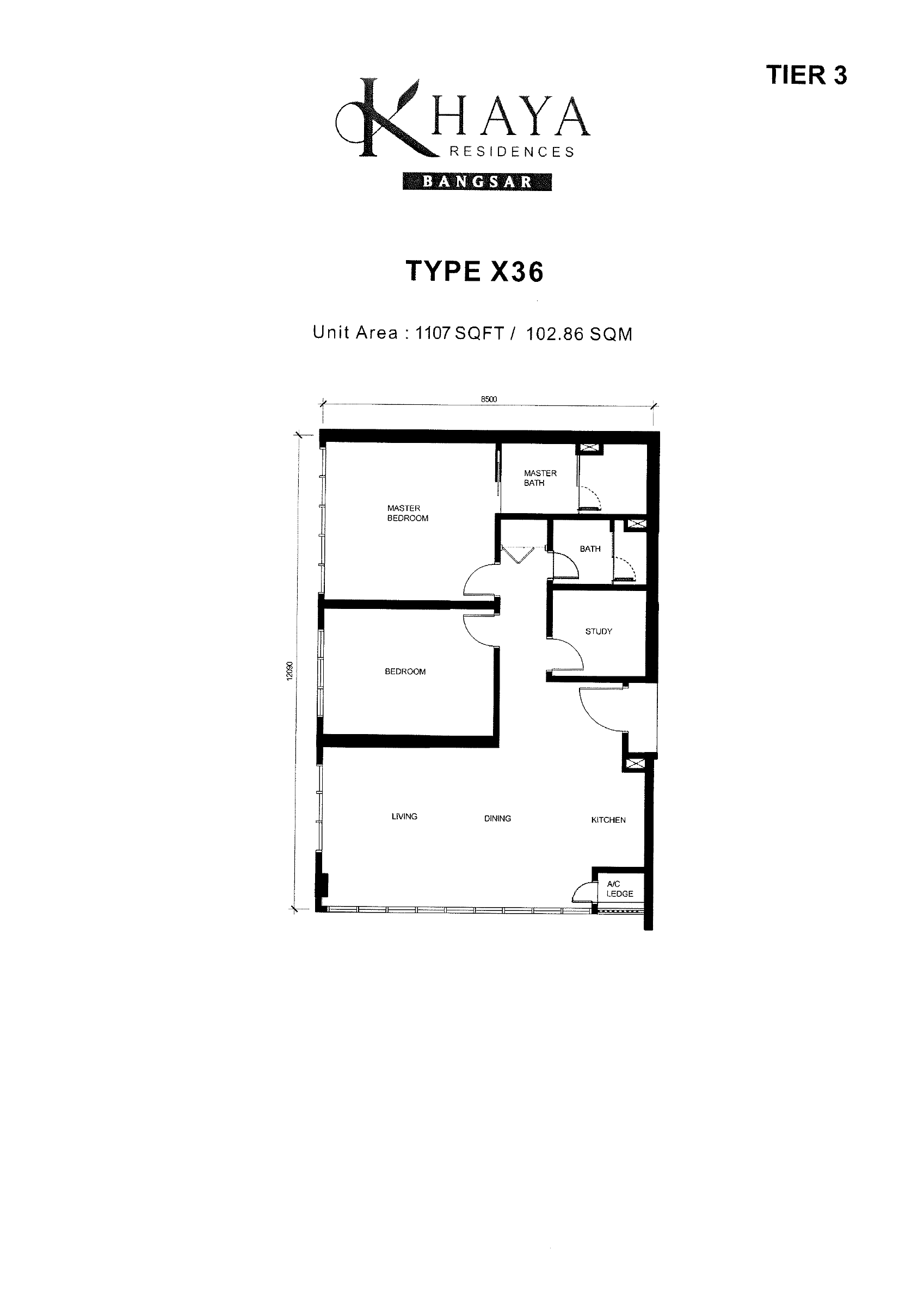 Khaya Residences Type X36 floor plan showing room arrangement and labelled unit area
