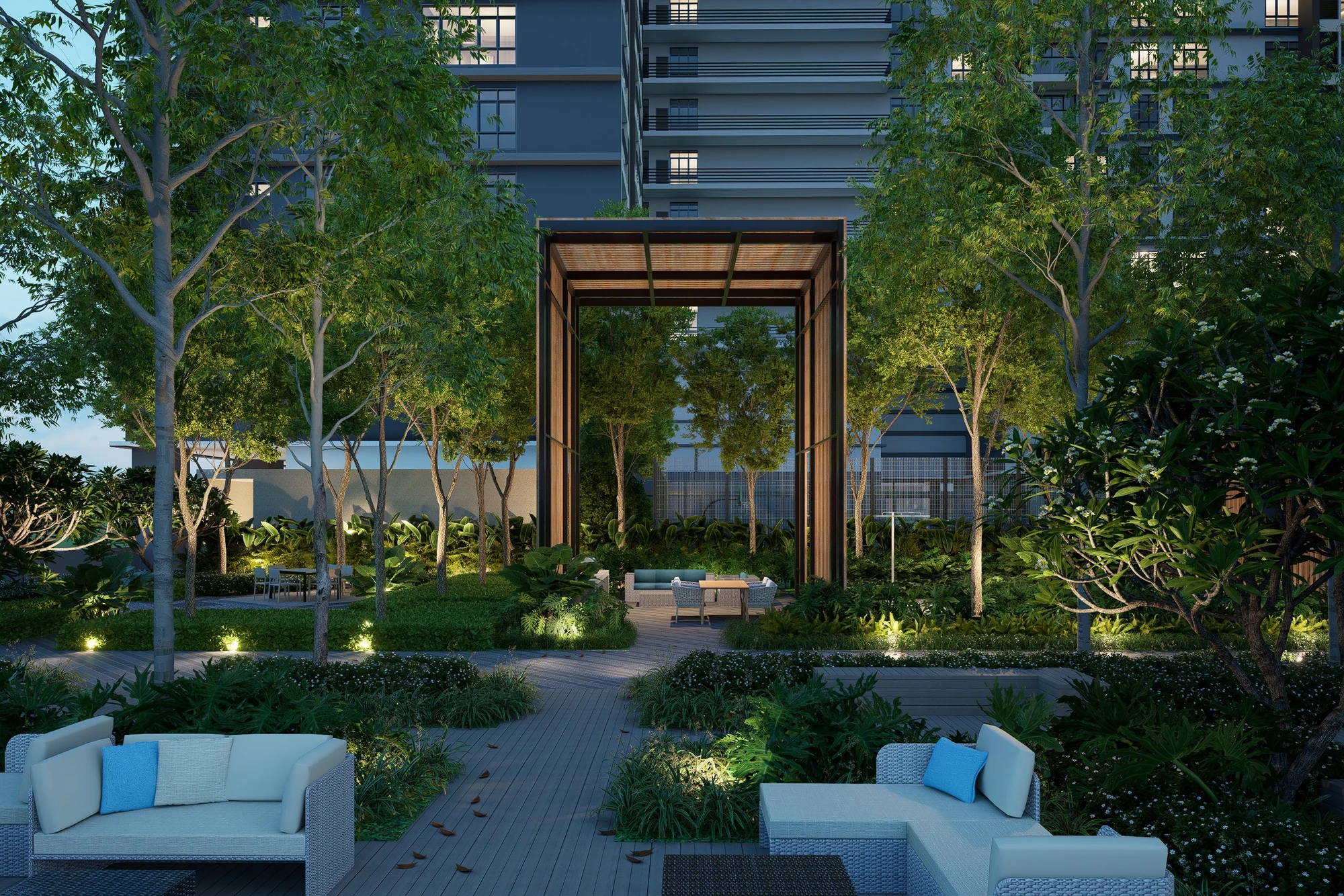 Artist’s impression of a garden pavilion and seating at Khaya Residences