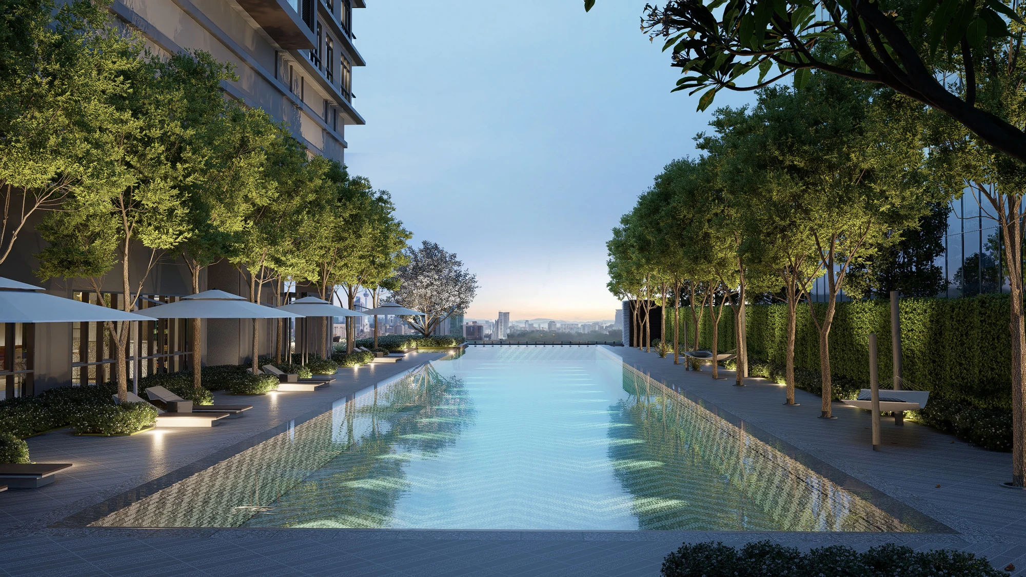 Artist’s impression of the swimming pool and landscaped deck at Khaya Residences