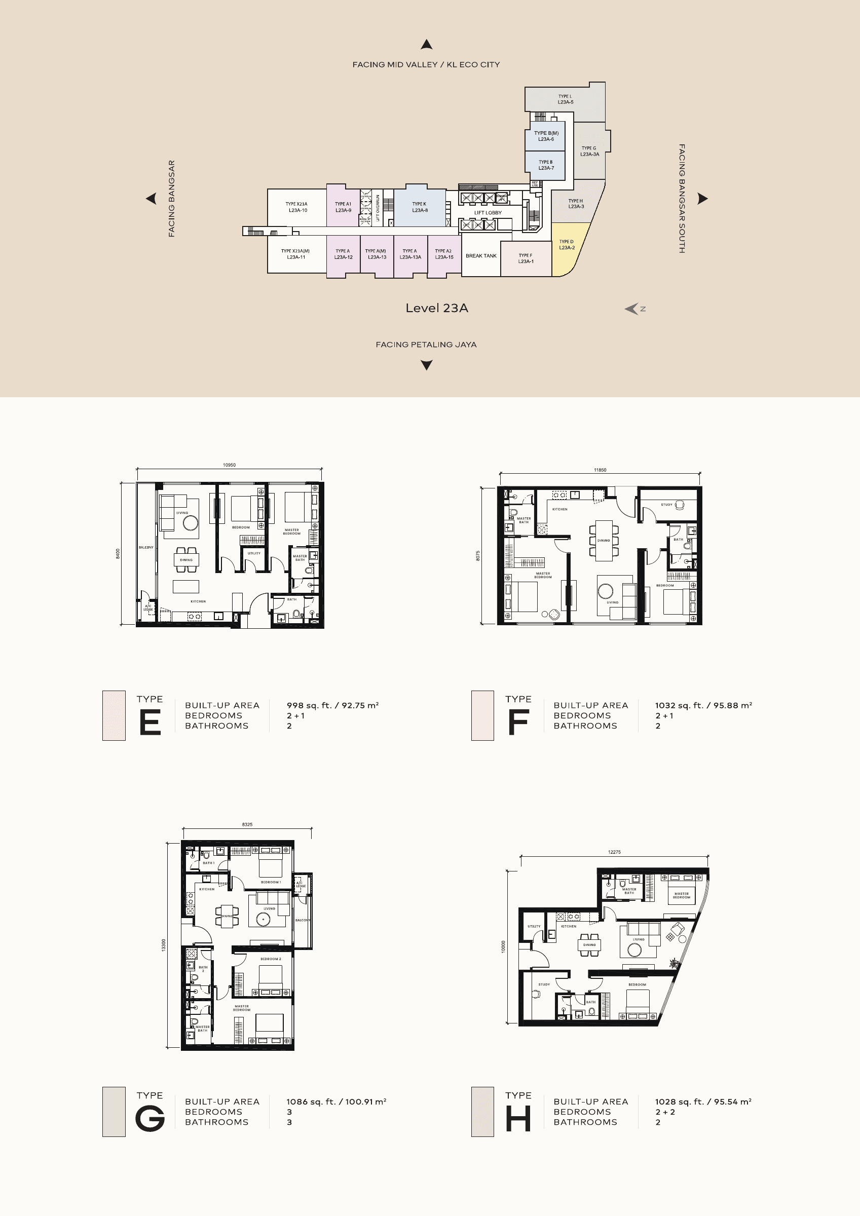 Khaya Residences floor plans for Types E/F/G/H