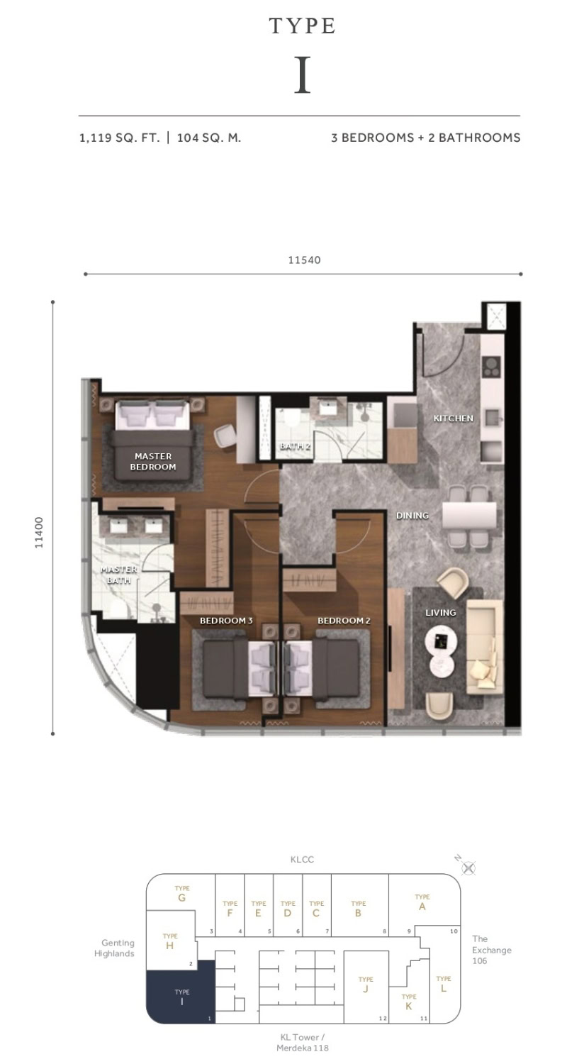 CloutHaus I · 1,119 sq ft · 3 bedrooms · original developer plan