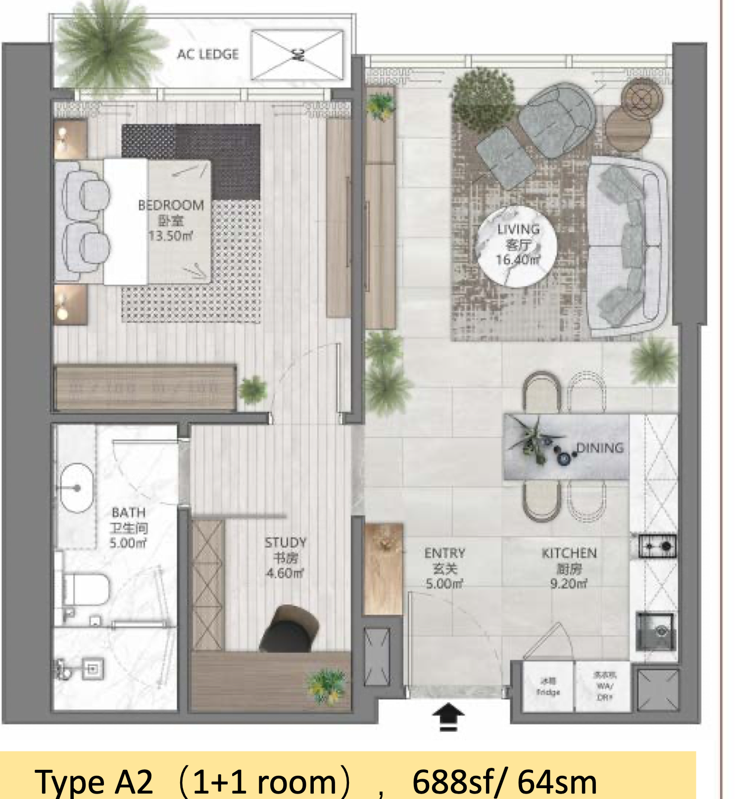 A2 · 688 sq ft · one bedroom + study original developer plan