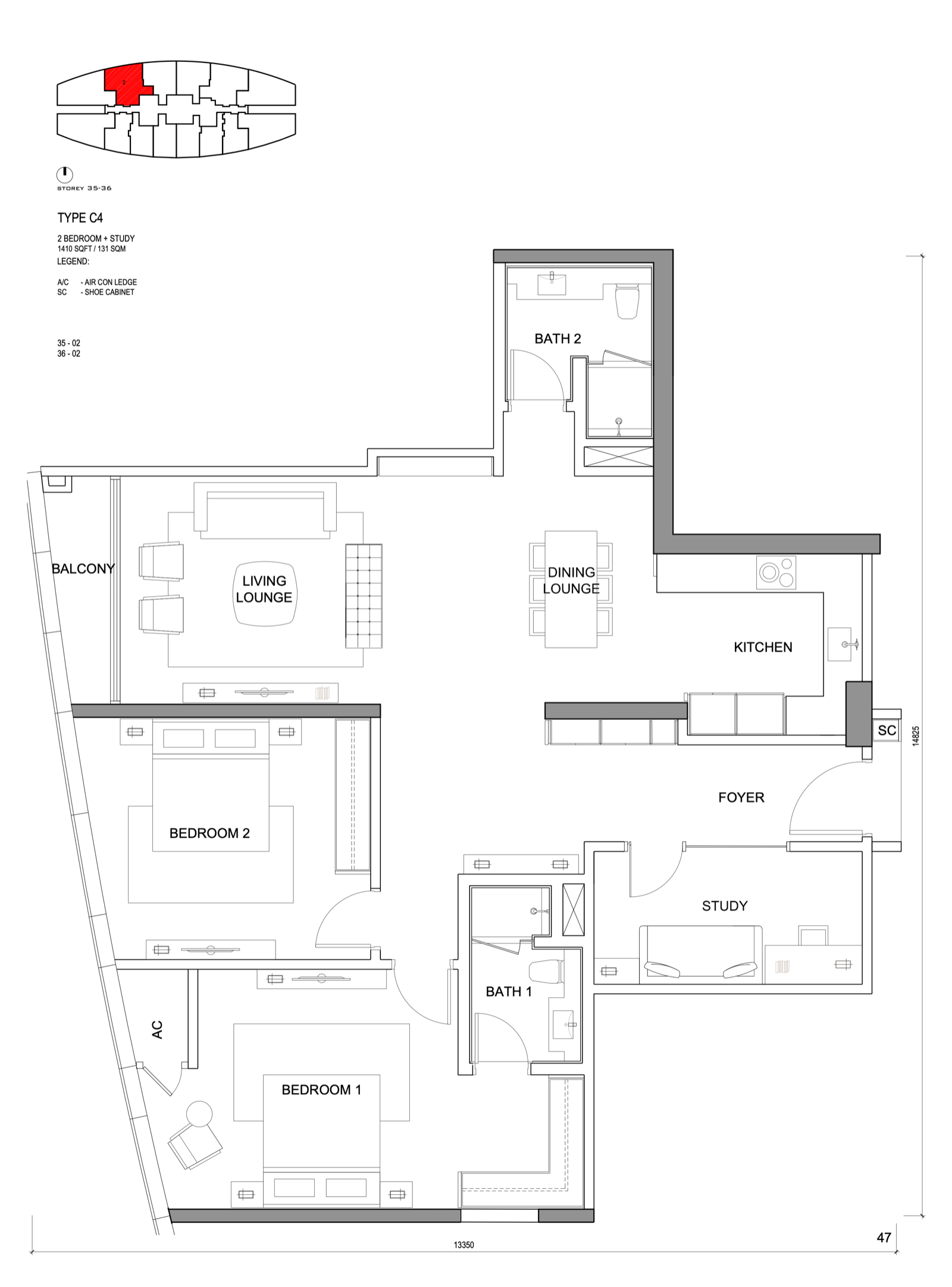 C4 · 1,410平方英尺 · 两房加书房 原始户型图