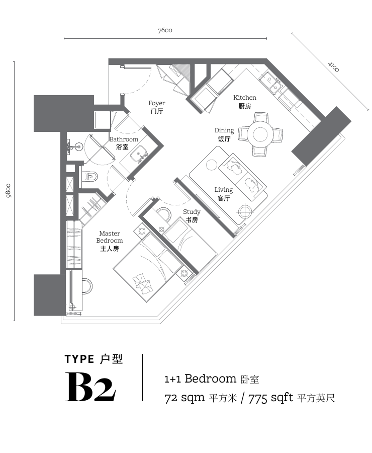 Jewel Tower 2 · B2 · 775平方英尺 · 1+1。 原始户型图