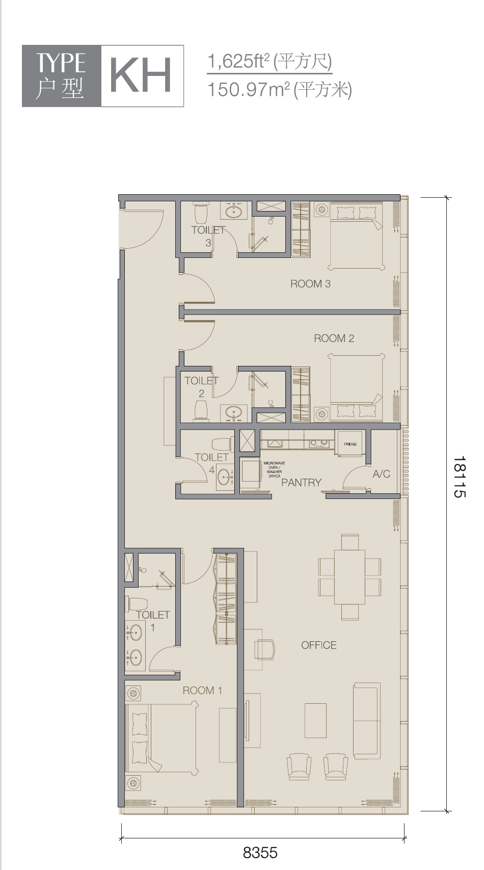 Victory Suites Type KH 1,625 sq ft original 2020 unit-plan figure